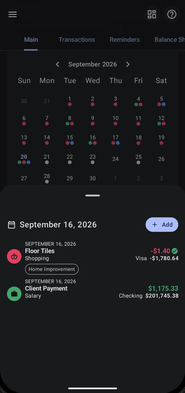 Tarjeta de calendario en el panel con el 16 de septiembre de 2026 seleccionado, mostrando las transacciones de ese día y un botón Añadir