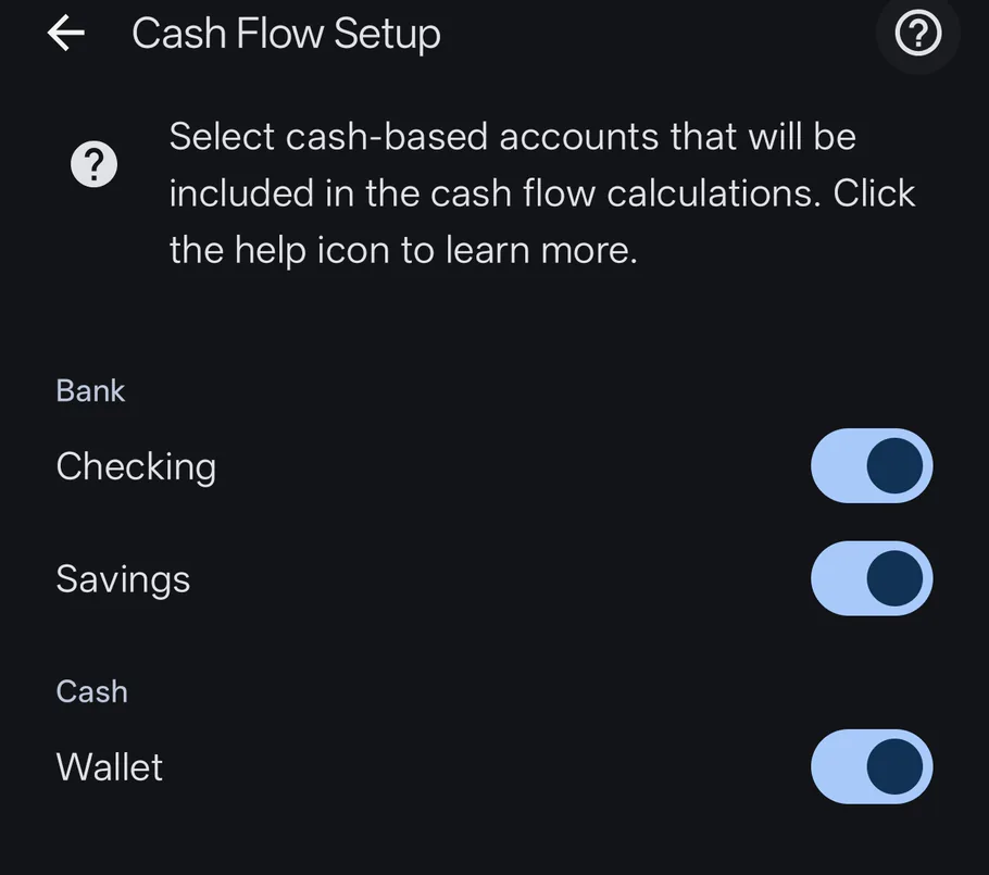 Pantalla Configuración del flujo de caja con interruptores por cuenta para Cuenta corriente, Ahorros y Billetera