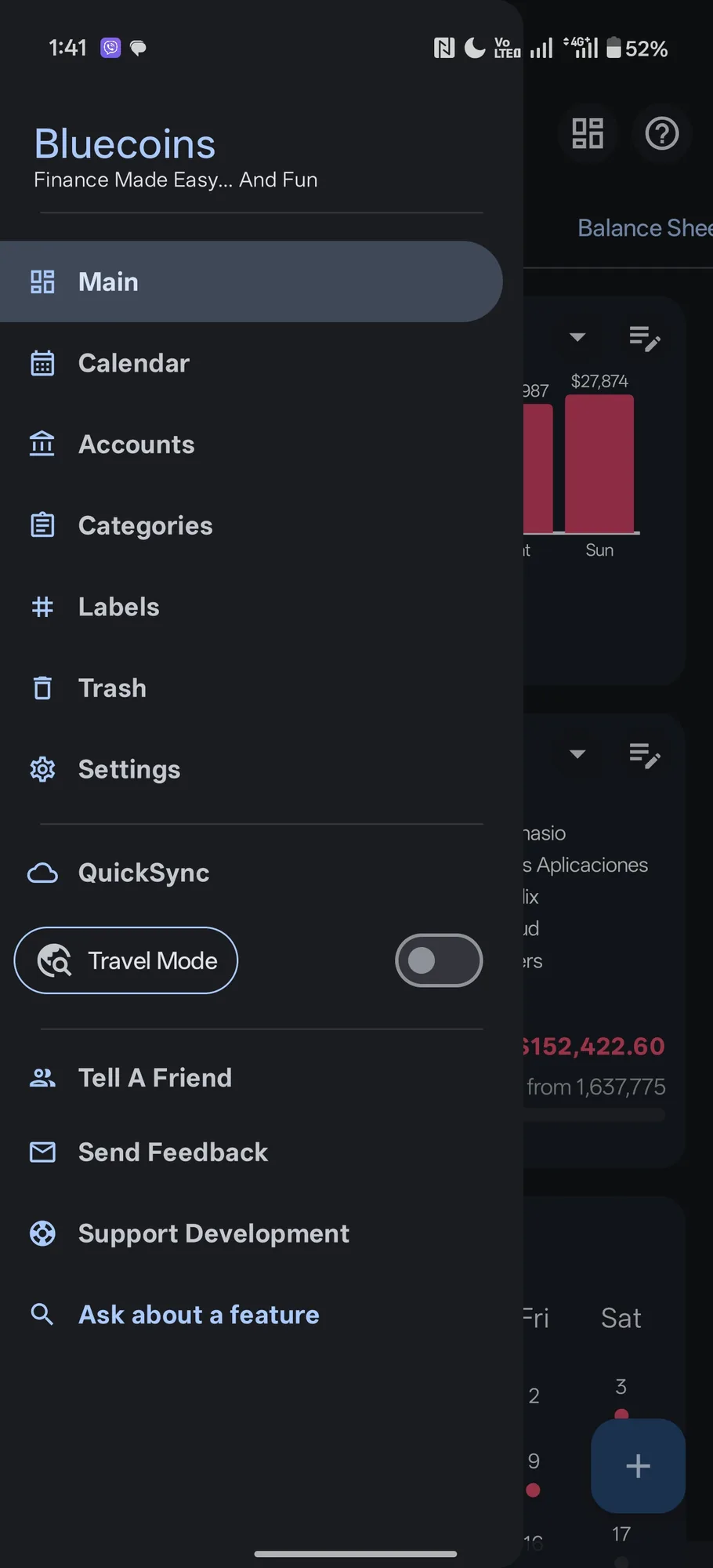 App drawer with Main, Calendar, Accounts, Categories, Labels, Trash, Settings, and a QuickSync entry