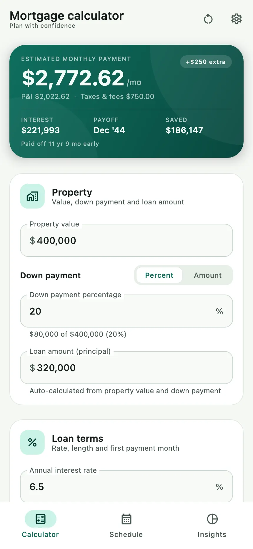 Calculator tab showing an estimated monthly payment of $2,772.62, with interest, payoff date and $186,147 saved by extra payments