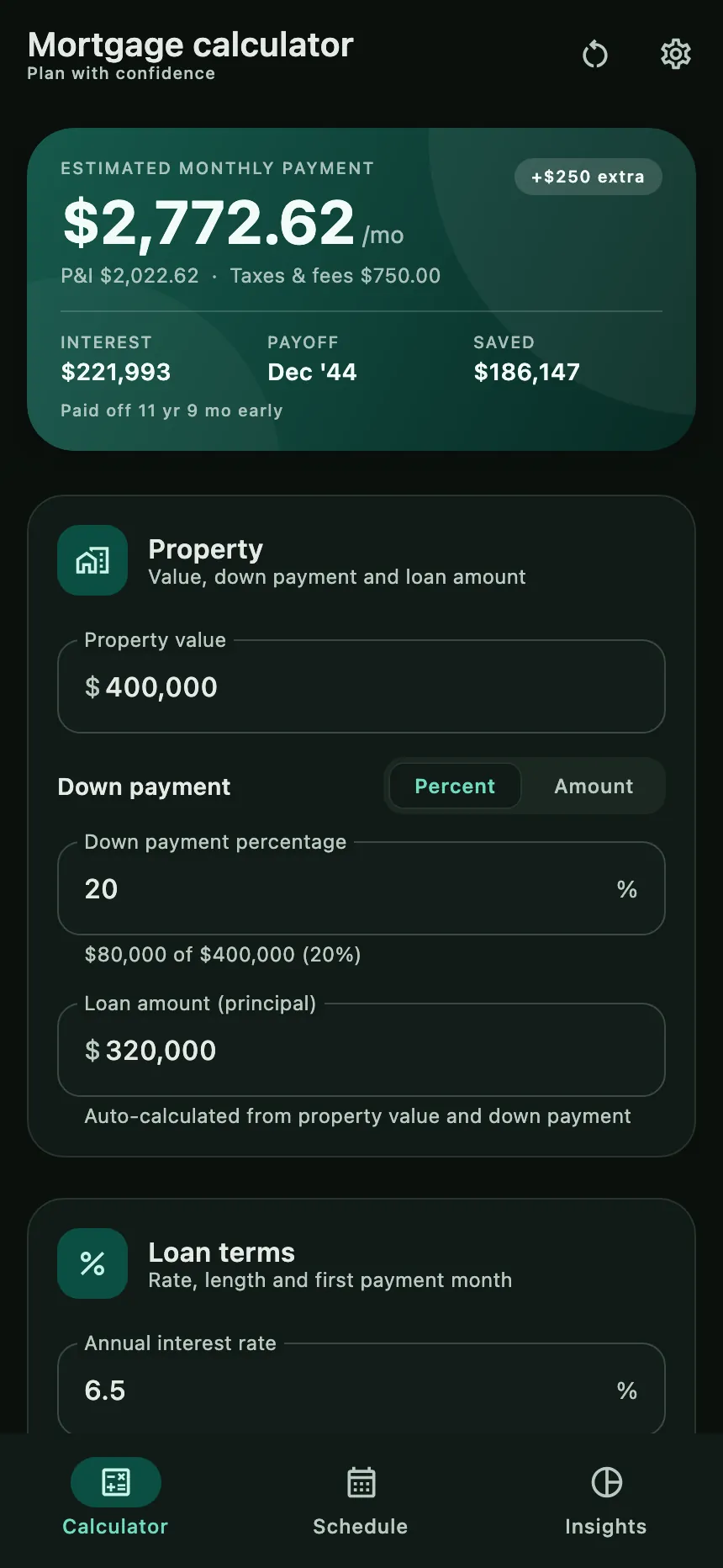 Calculator tab in dark mode showing the same payment summary and loan inputs