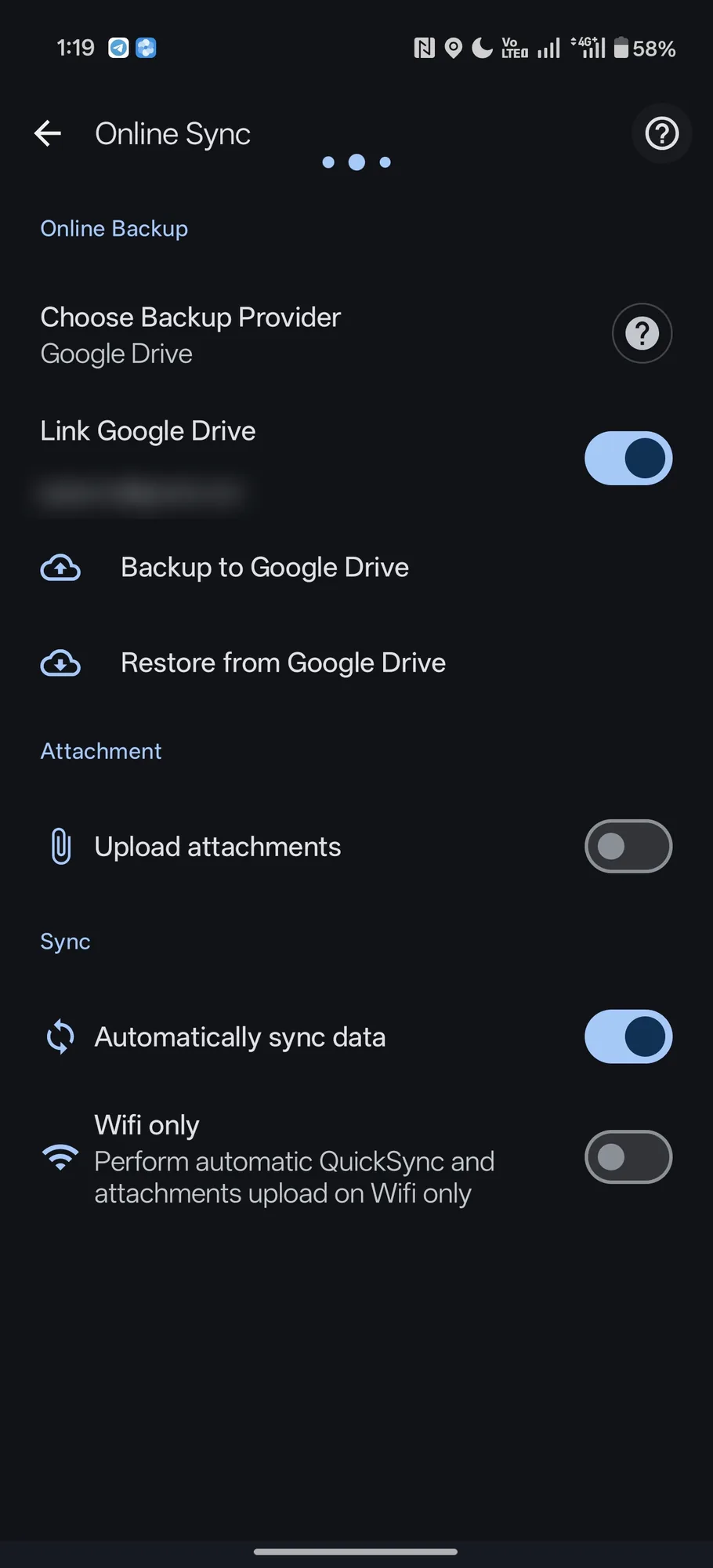 Online Sync screen with Link Google Drive turned on, the linked account shown under the toggle, and Automatically sync data turned on