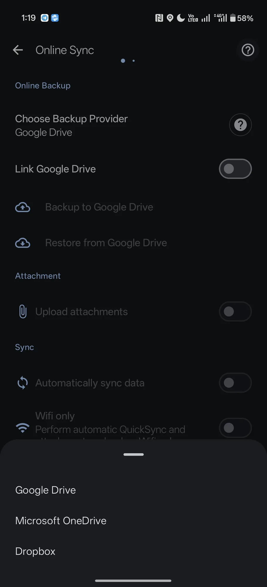 Online Sync screen with Choose Backup Provider set to Google Drive, an unlinked account, and the provider picker offering Google Drive, Microsoft OneDrive, and Dropbox