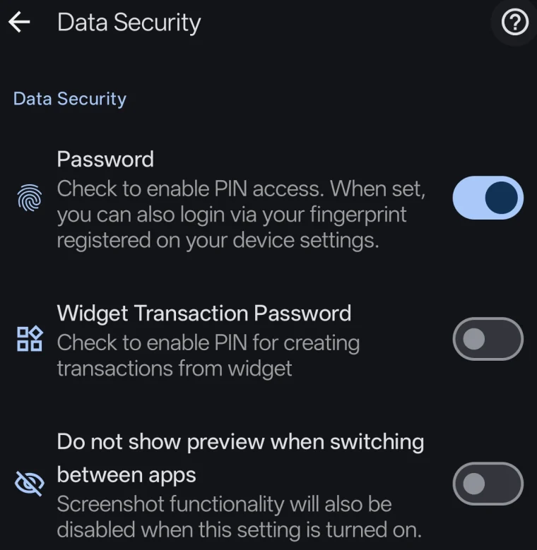 The Data Security screen with three toggles: Password on, Widget Transaction Password off, and Do not show preview when switching between apps off, each with a one-line description