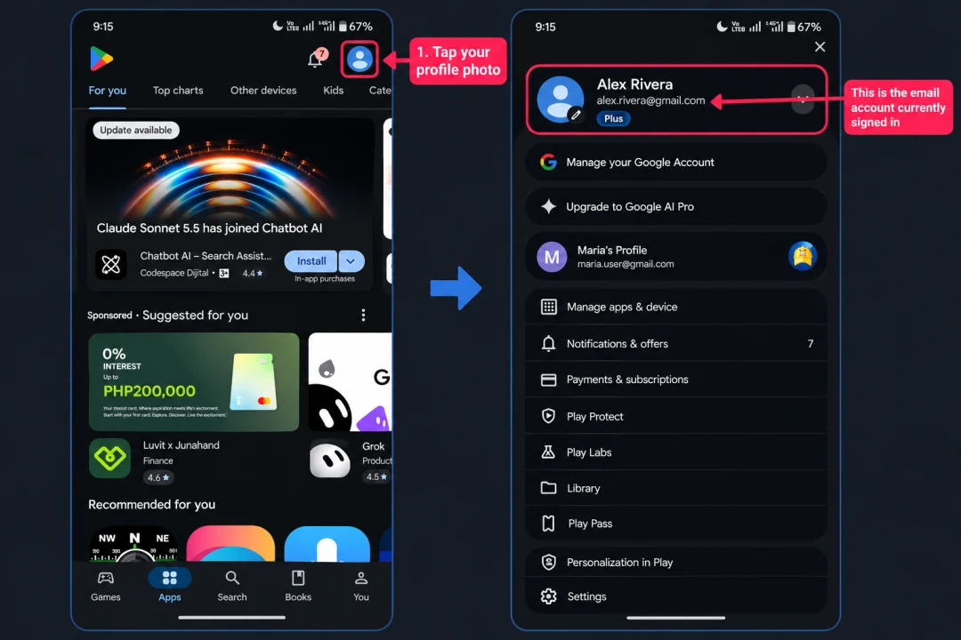 Nabídka profilu Google Play Store zobrazující e-mail přihlášeného účtu a profilovou fotografii, na kterou je třeba klepnout na domovské obrazovce Play Store