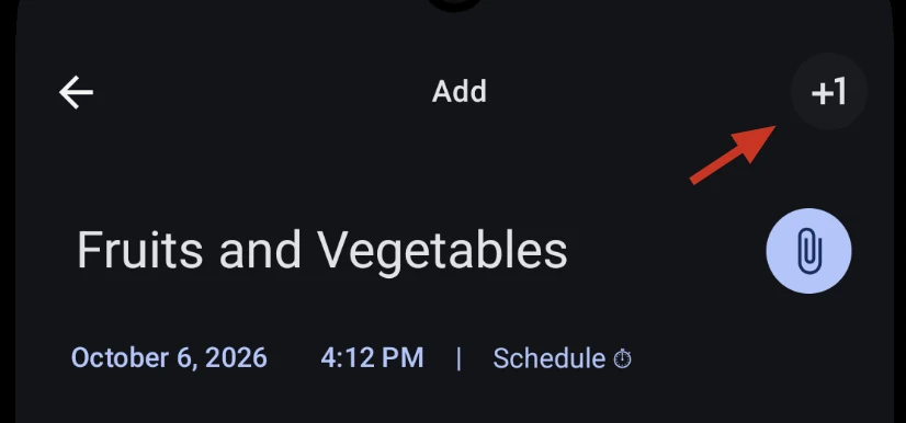 The top of the Add transaction form, with a red arrow pointing to the +1 button in the top-right of the app bar