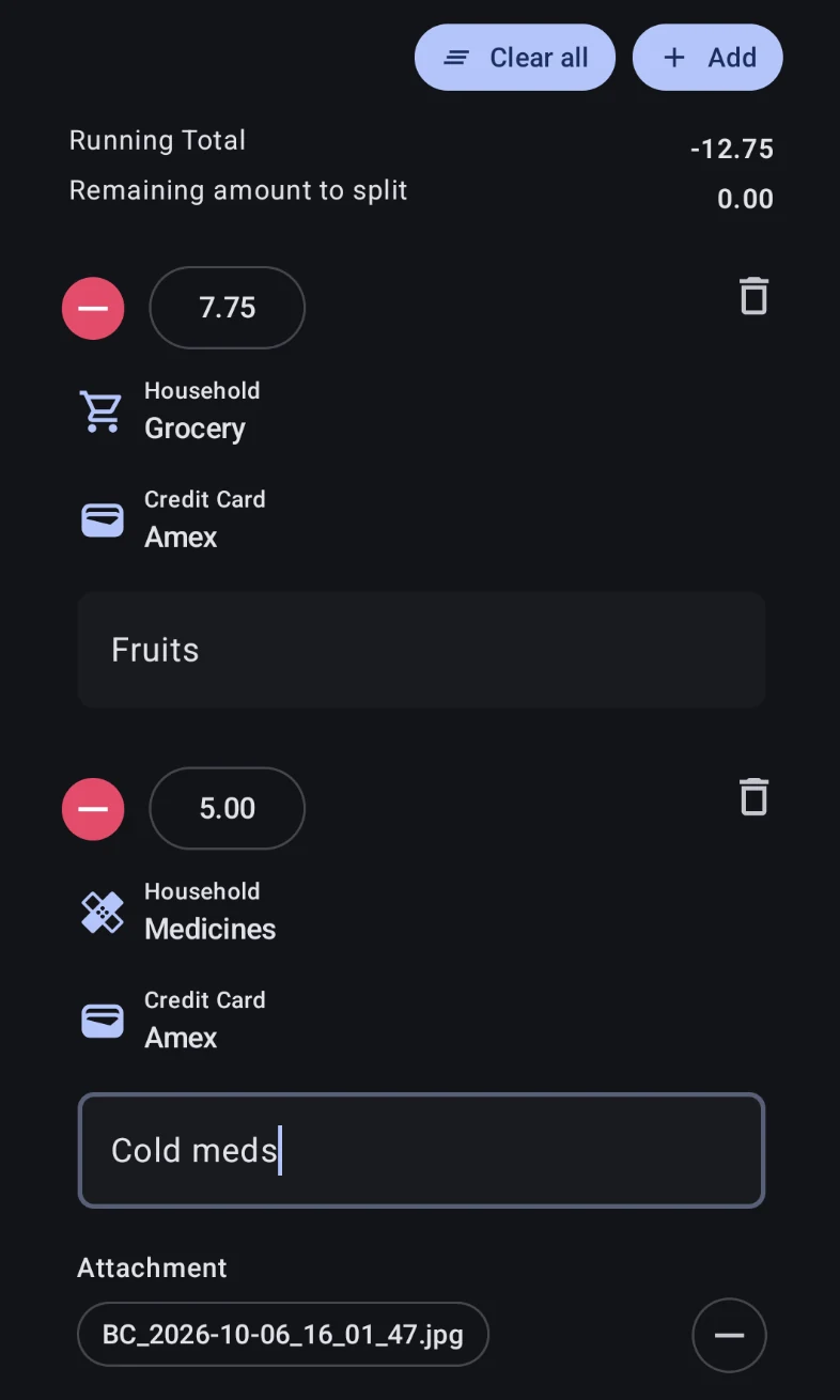 Split setup on the Add transaction form: Running Total -12.75 and Remaining amount to split 0.00, with two legs — 7.75 for Household › Grocery and 5.00 for Household › Medicines, both on the Credit Card › Amex account, each with its own note
