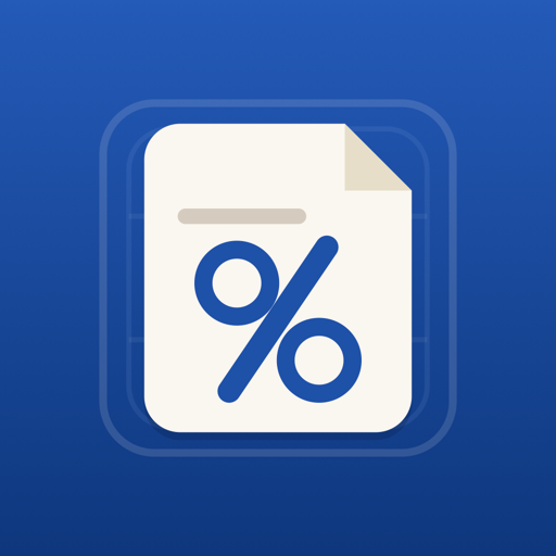 Travel,Tax & Tip Calculator app icon — a parchment receipt with a percent sign on a blue plate