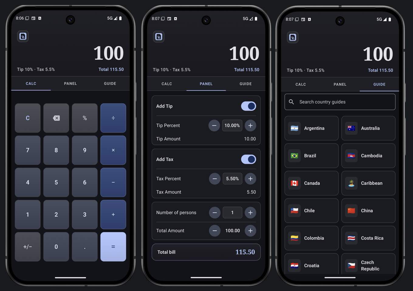 The Travel,Tax & Tip Calculator app in the dark theme: three phone screens side by side — the CALC keypad entering 100, the PANEL with Add Tip 10%, Add Tax 5.5% and the split controls totalling 115.50, and the GUIDE tab searching country tipping guides (Argentina to Czech Republic)